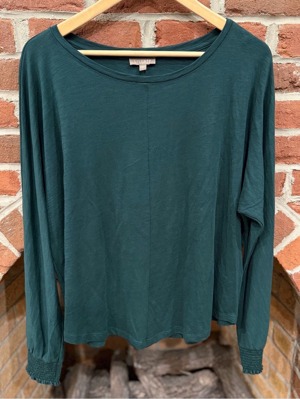 Lilla P Long-Sleeve Scoop Neck Top in Deep Teal Green